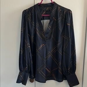 Banana Republic Navy and Brown Plaid Blouse Large